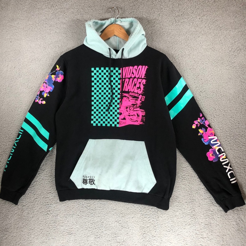 Black Graphic Racing Hoodie Davidson Races Floral Mint Green Streetwear Pullover